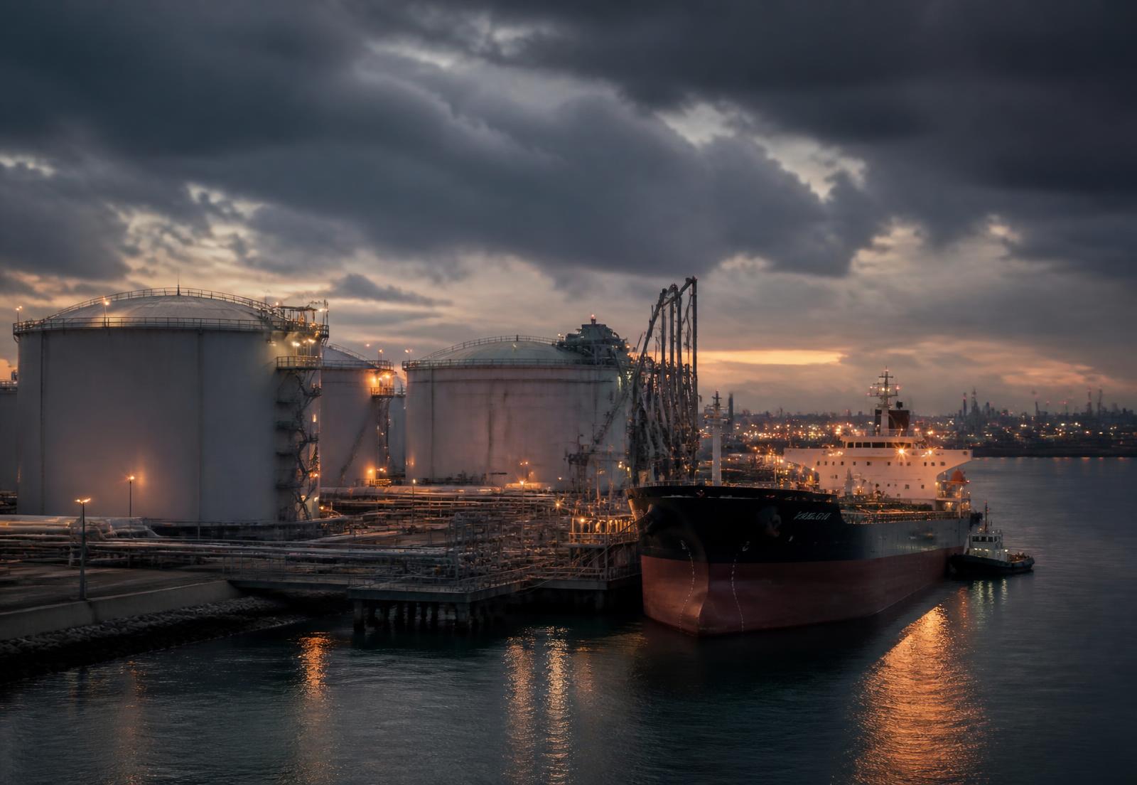 Fuel storage terminal with tanker vessel berthed at an energy logistics port