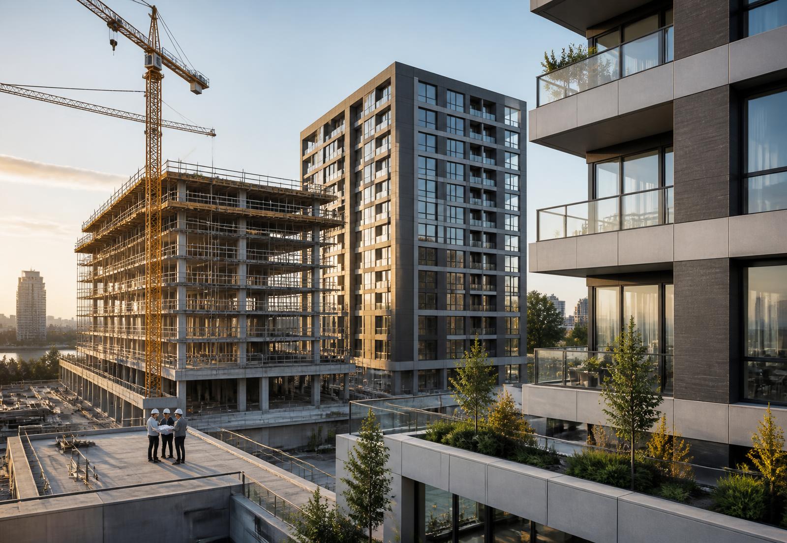 Contemporary mixed-use property development under construction beside completed towers
